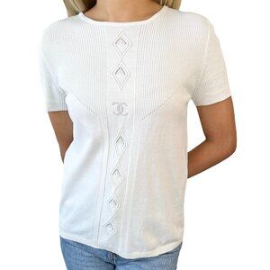 CHANEL Vintage 05P CC Mark Logo Rib Knit T-shirt Top #38 White Cotton [105845]